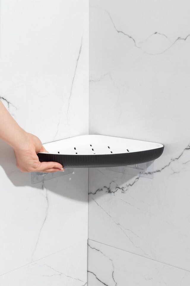 Porsima 0447 3'lü İstiridye Banyo Köşe Rafı Yapışkanlı Raf Siyah