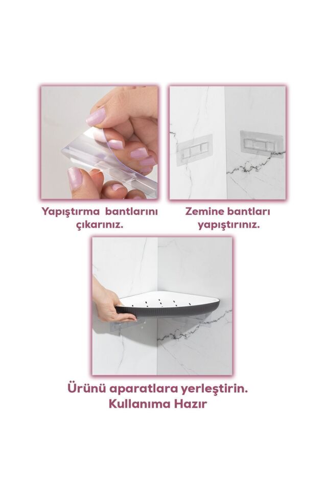 Porsima 0447 3'lü İstiridye Banyo Köşe Rafı Yapışkanlı Raf Antras Antrasit