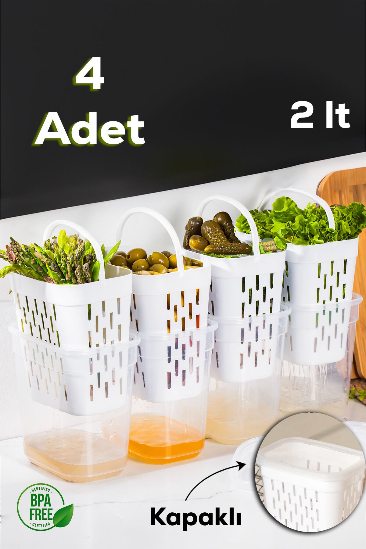 Porsima 1045 4' lü Süzgeçli Turşuluk Zeytinlik Çok Amaçlı Dikdörtgen Saklama Kabı Seti - 2 L