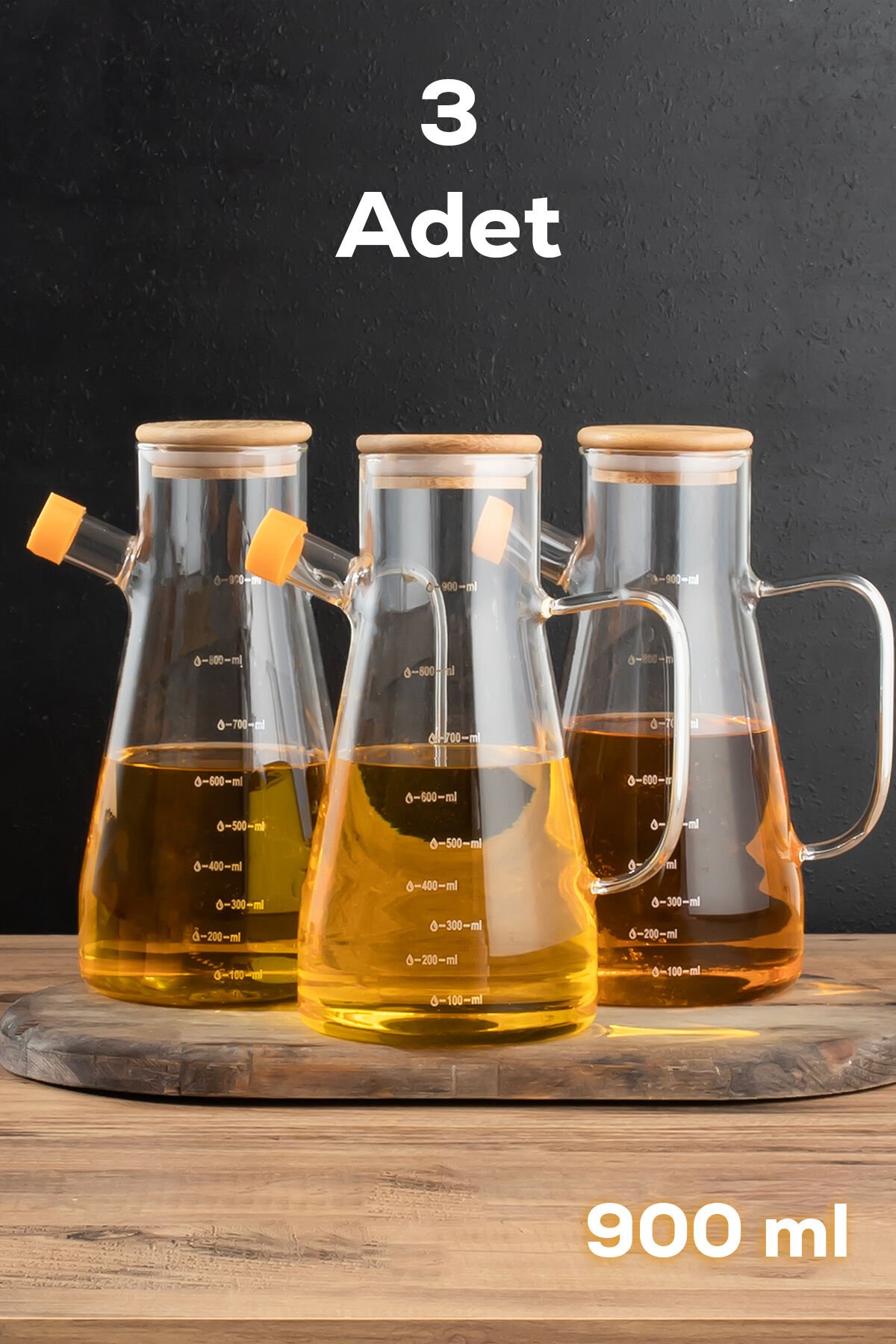 Porsima 401275 3'lü Alisa Bambu Kapaklı Borosilikat Ölçekli Cam Yağlık Yağdanlık 900 ml