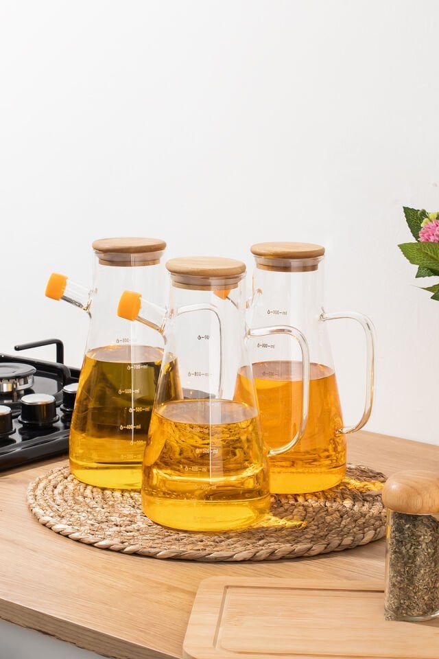 Porsima 401275 3'lü Alisa Bambu Kapaklı Borosilikat Ölçekli Cam Yağlık Yağdanlık 900 ml