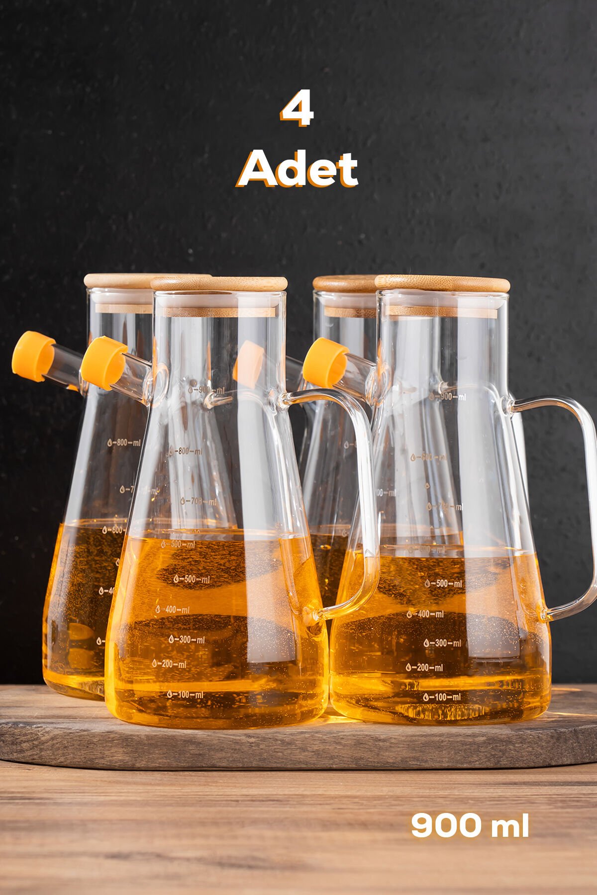 Porsima 401275 4'lü Alisa Bambu Kapaklı Borosilikat Ölçekli Cam Yağlık Yağdanlık 900 ml