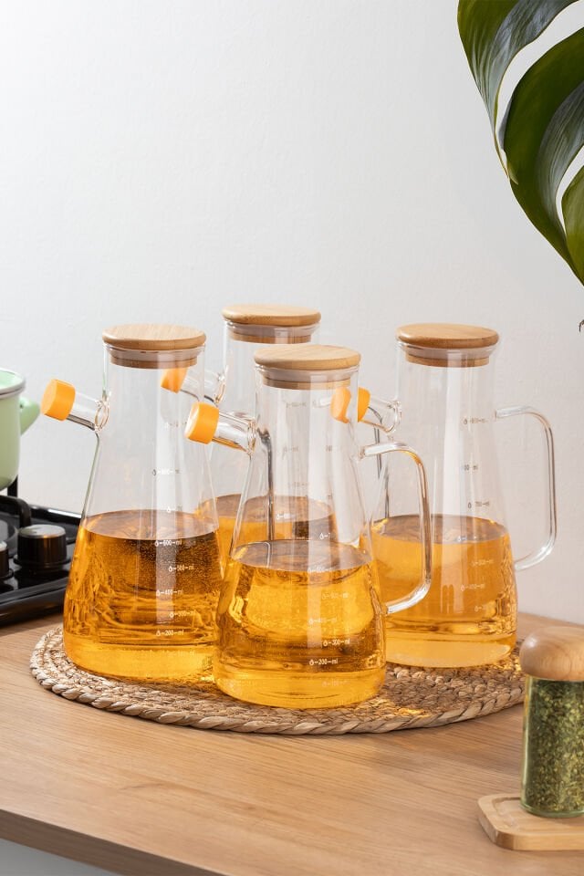 Porsima 401275 4'lü Alisa Bambu Kapaklı Borosilikat Ölçekli Cam Yağlık Yağdanlık 900 ml