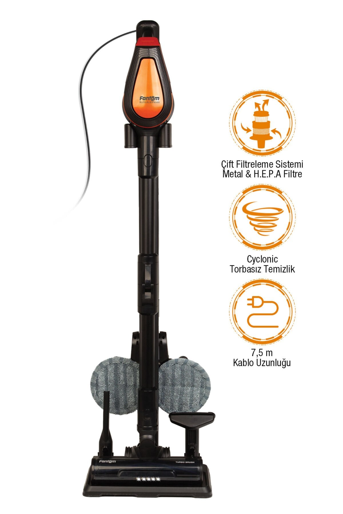 Fantom Pluto P 6100 Plus Cyclone Elektrikli Moplu Dikey Süpürge Siyah