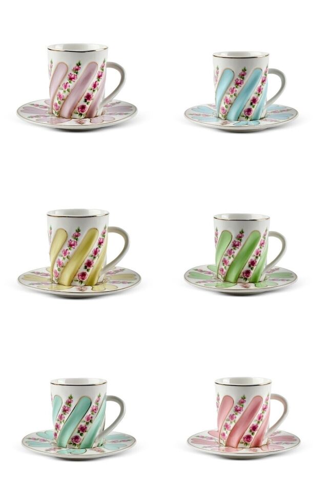 Perotti Kuzguncuk Renkli 6 Kişilik 12 Parça Porselen Kahve Takımı Çok Renkli