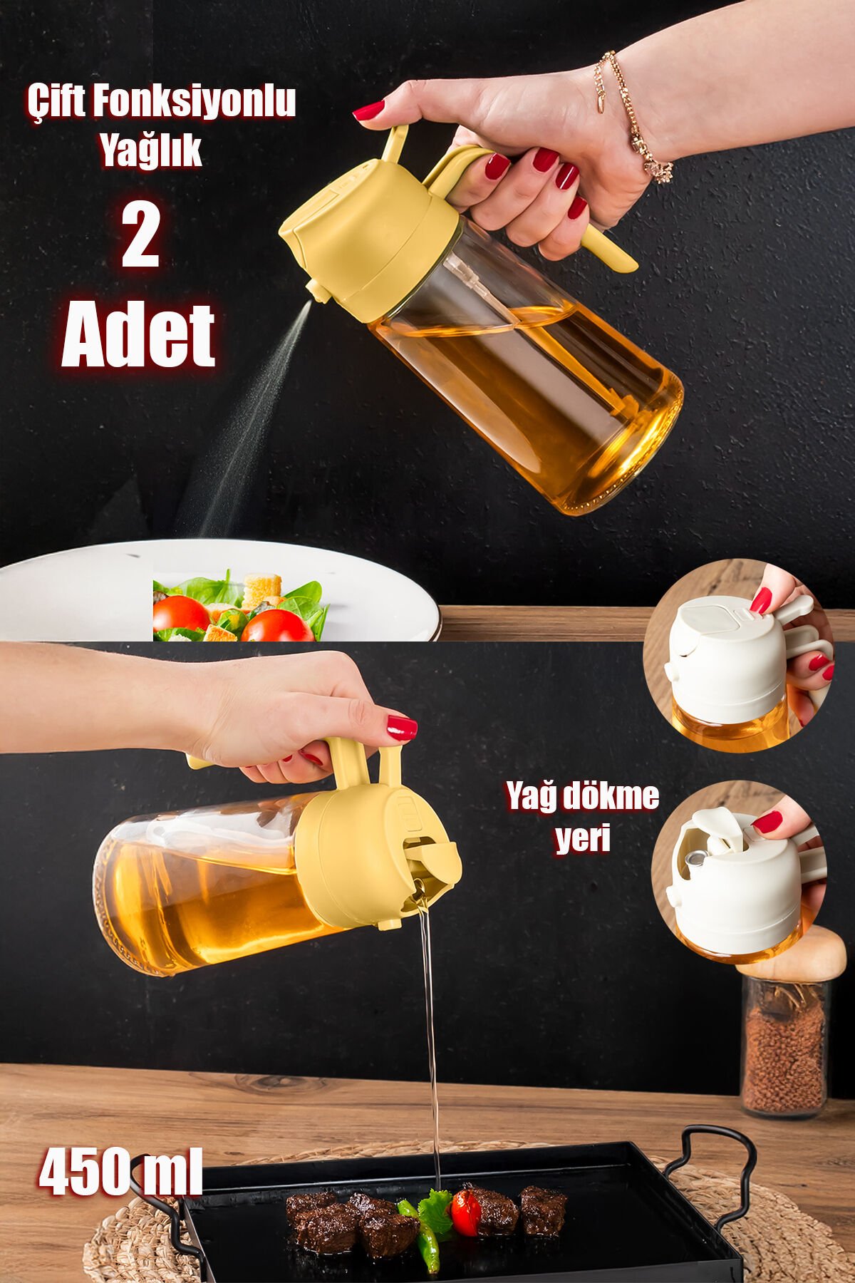 Porsima ALK-3157 2li Cam Sprey-Fısfıs Yağdanlık Limon Sirke Sos Airfryer Püskürtmeli Püskürtücü Yağlık