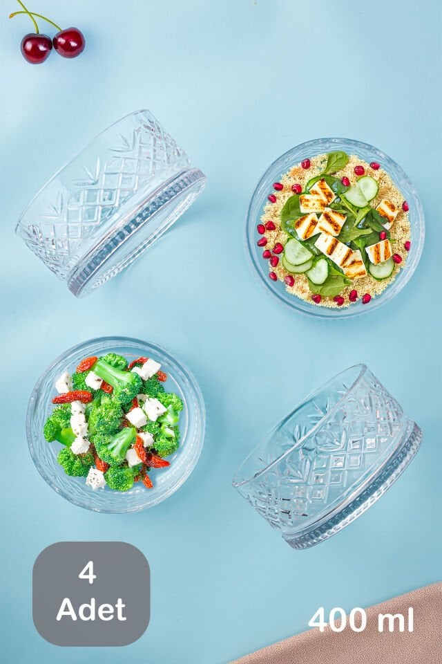 Porsima 4'lü Kesme Kristal Dondurmalık Cam Çerezlik Çerez Kasesi Magnolya Salata Kasesi 400 ml