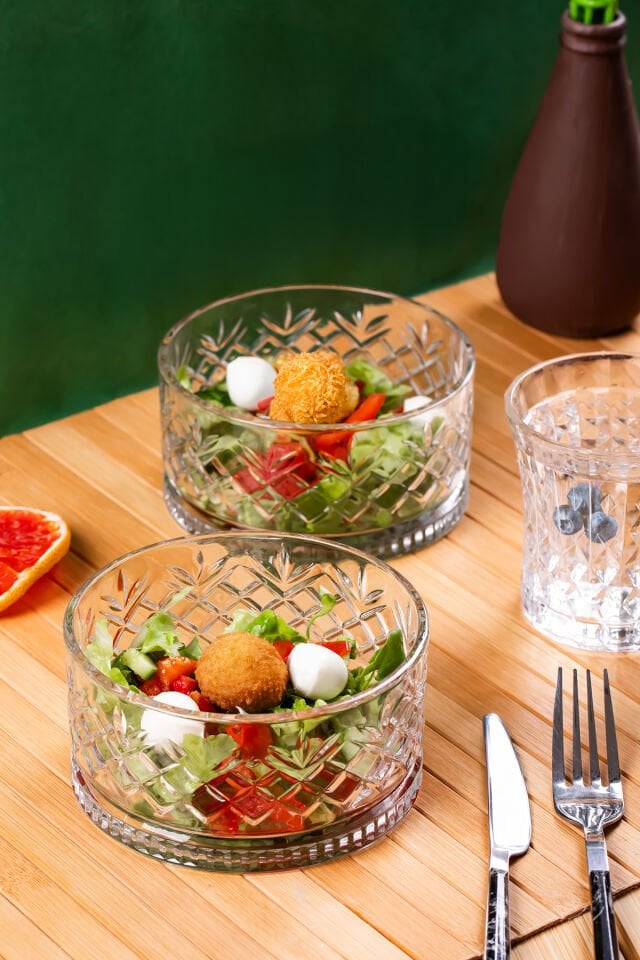 Porsima 2li Kristal Cam Çerezlik Sunumluk Kase Seti Magnolya Salata Kasesi Takımı 400 Ml