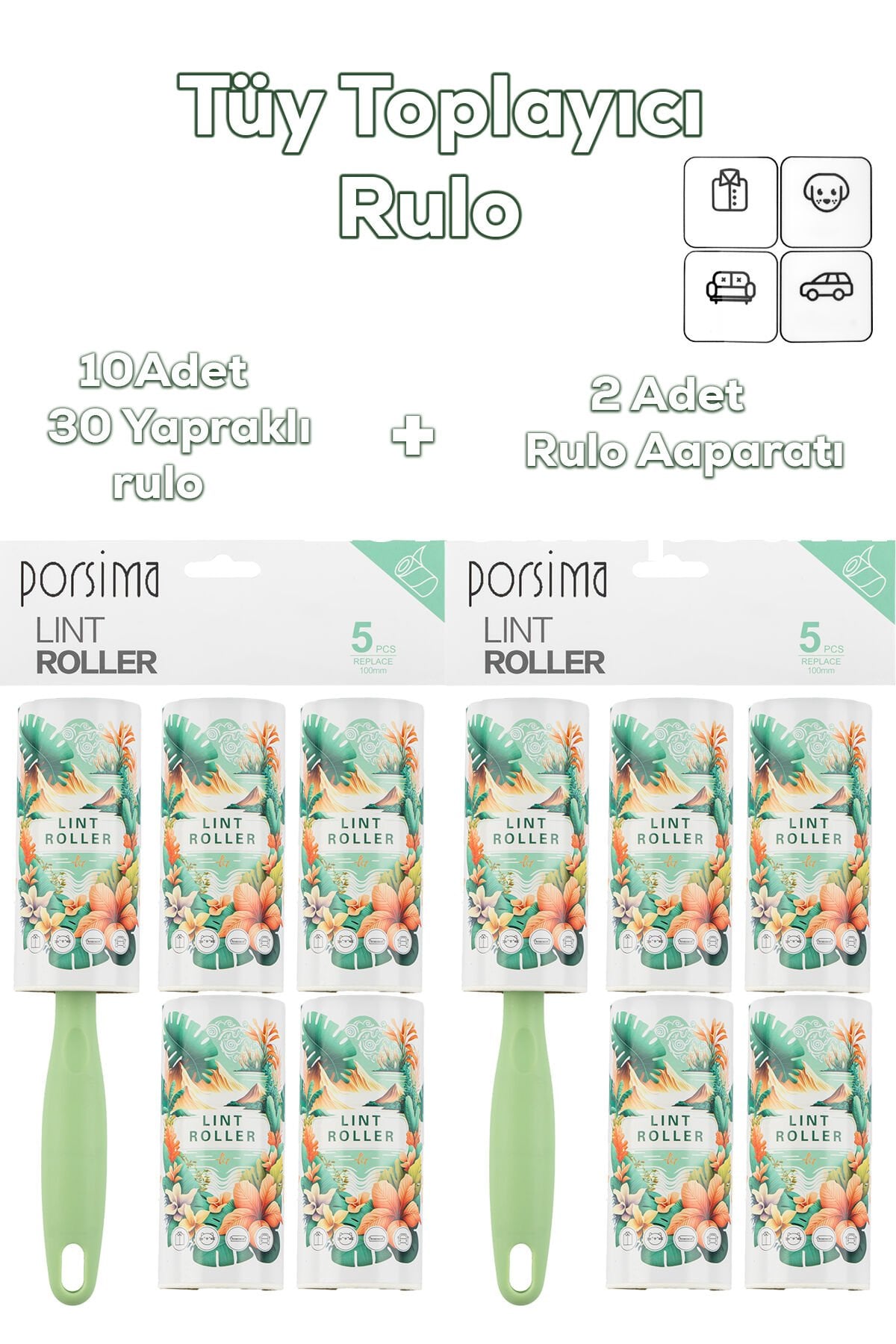 Porsima 3107 Kedi Köpek Tüy Toplayıcı Rulo + 10 Adet Rulo + 2 Adet Tutma Aparatı Toplam 300 Yaprak Yeşil