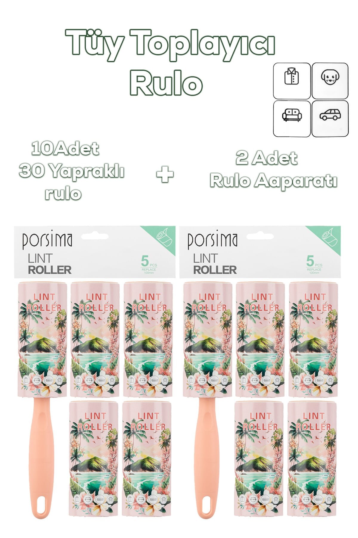Porsima 3106 Kedi Köpek Tüy Toplayıcı Rulo + 10 Adet Rulo + 2 Adet Tutma Aparatı Toplam 300 Yaprak Somon