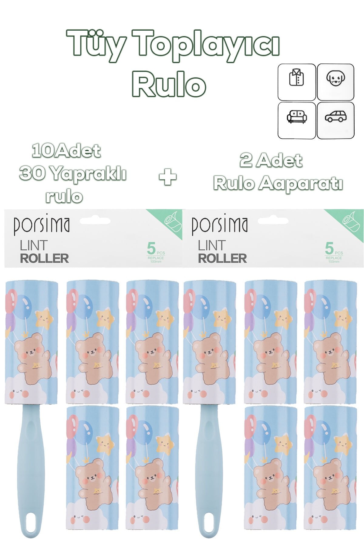 Porsima 3105 Kedi Köpek Tüy Toplayıcı Rulo + 10 Adet Rulo + 2 Adet Tutma Aparatı Toplam 300 Yaprak Mavi