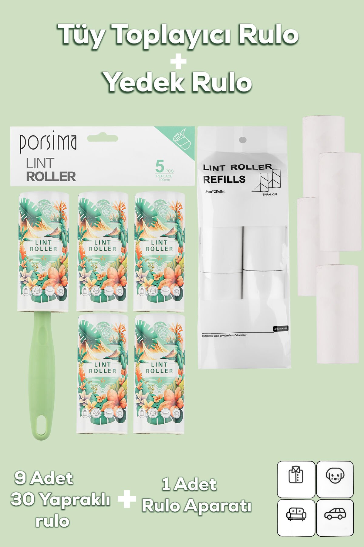 Porsima 3107 Kedi Köpek Tüy Toplayıcı Rulo + 8 Adet Yedek Rulo Yeşil