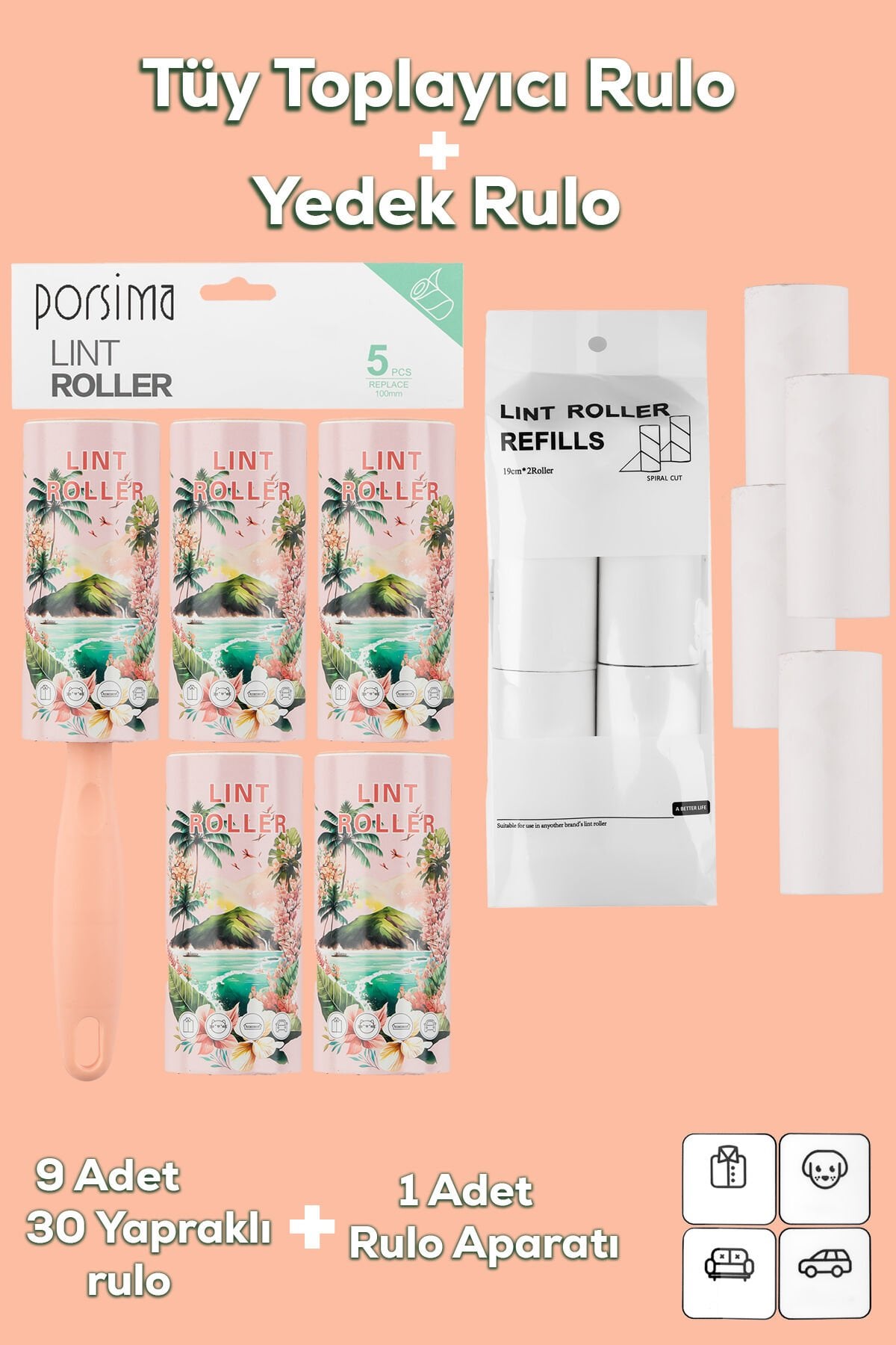 Porsima 3106 Kedi Köpek Tüy Toplayıcı Rulo 8 Adet Yedek Rulo Somon 270 Yaprak