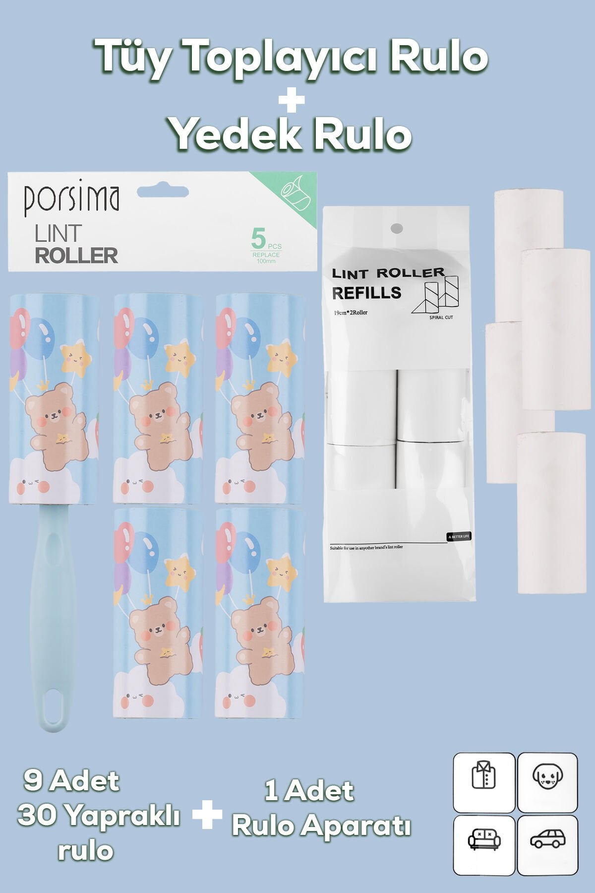 Porsima 3105 Kedi Köpek Tüy Toplayıcı Rulo + 8 Adet Yedek Rulo Mavi
