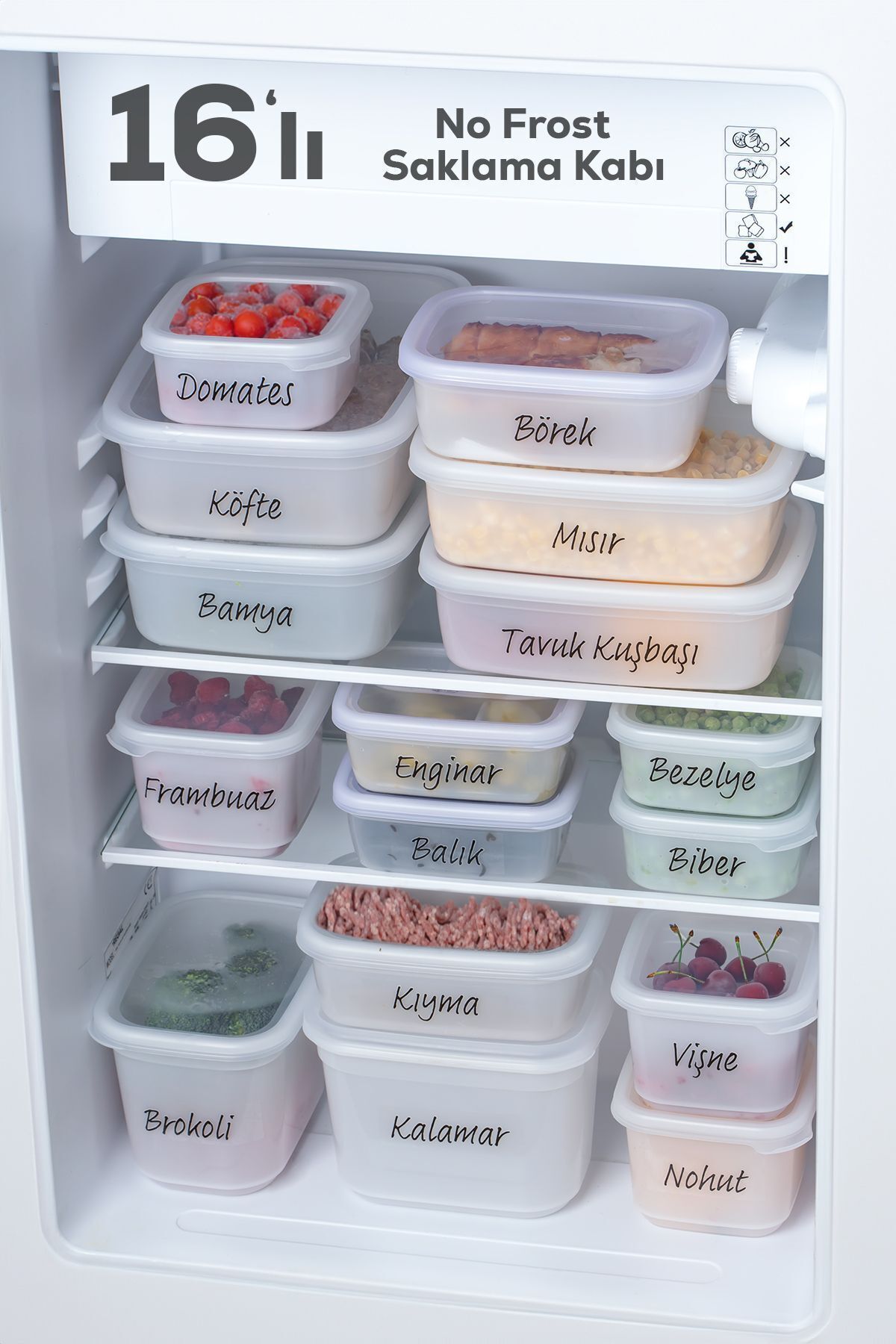 Porsima 1046 16'lı Etiketli No Frost -25°c Derin Dondurucu Mikrodalga Yiyecek Erzak Saklama Kabı Seti Beyaz