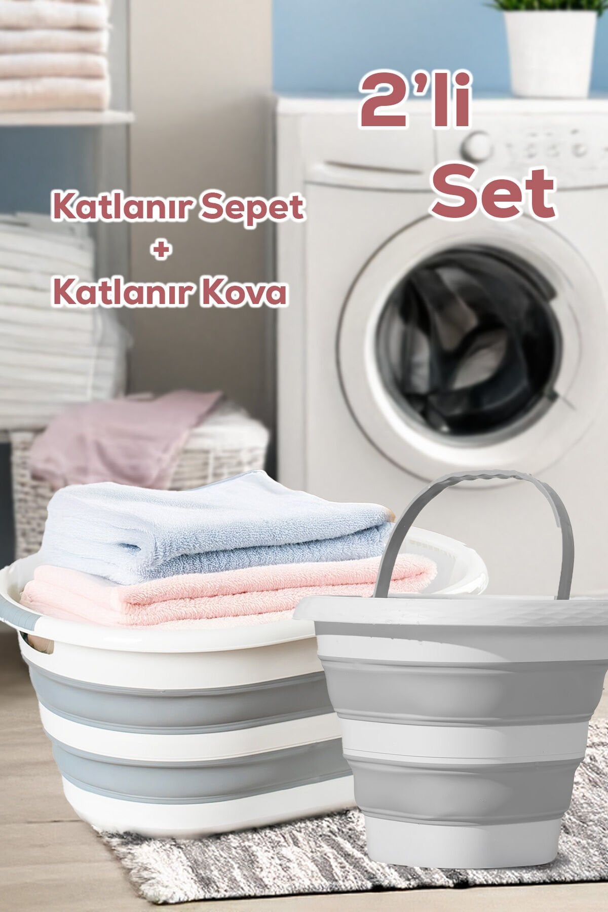 Porsima 2li Katlanabilir Akordiyon Temizlik Seti - Katlanır Sepet 25 lt. - Katlanır Su Kovası 10 lt.