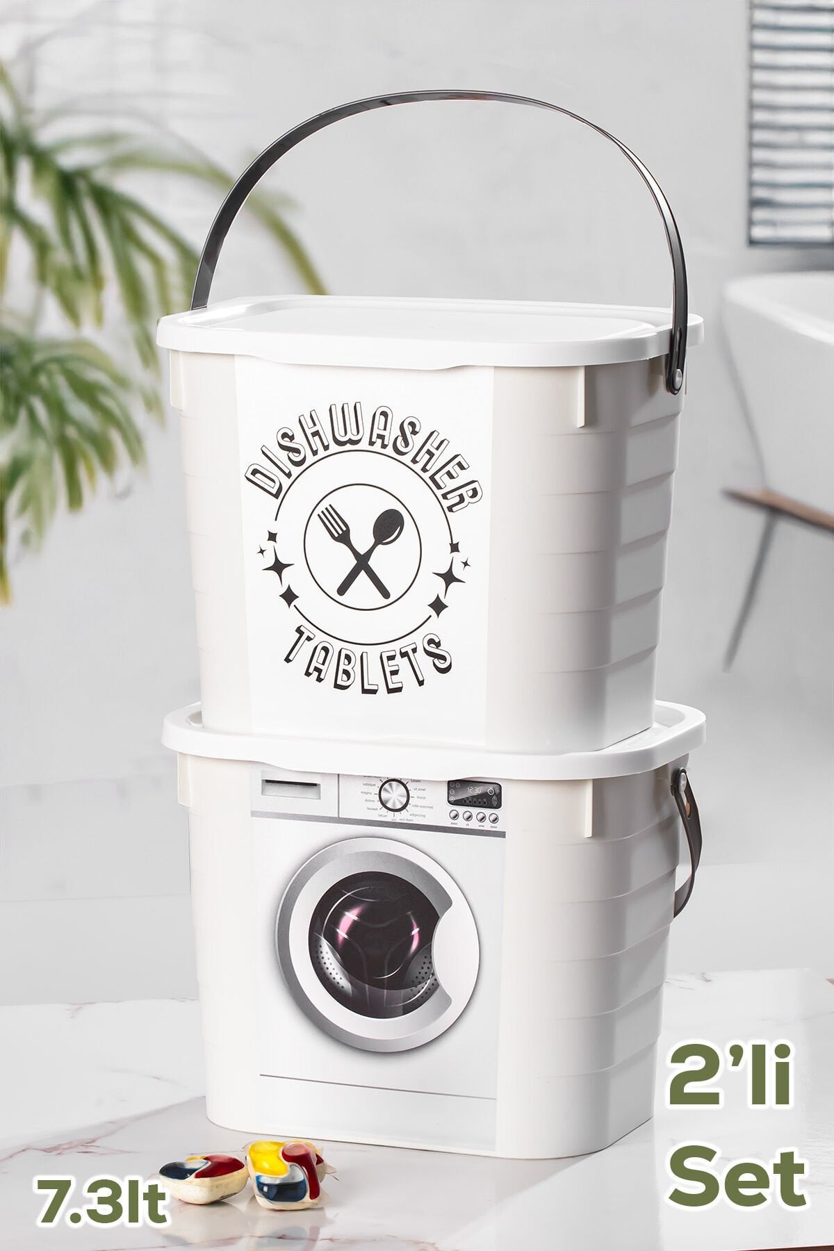 Porsima 2li Mega Kendinden Etiketli Çok Amaçlı Toz ve Tablet Deterjan Kapaklı Saklama Kutusu Kabı Seti 7,3lt