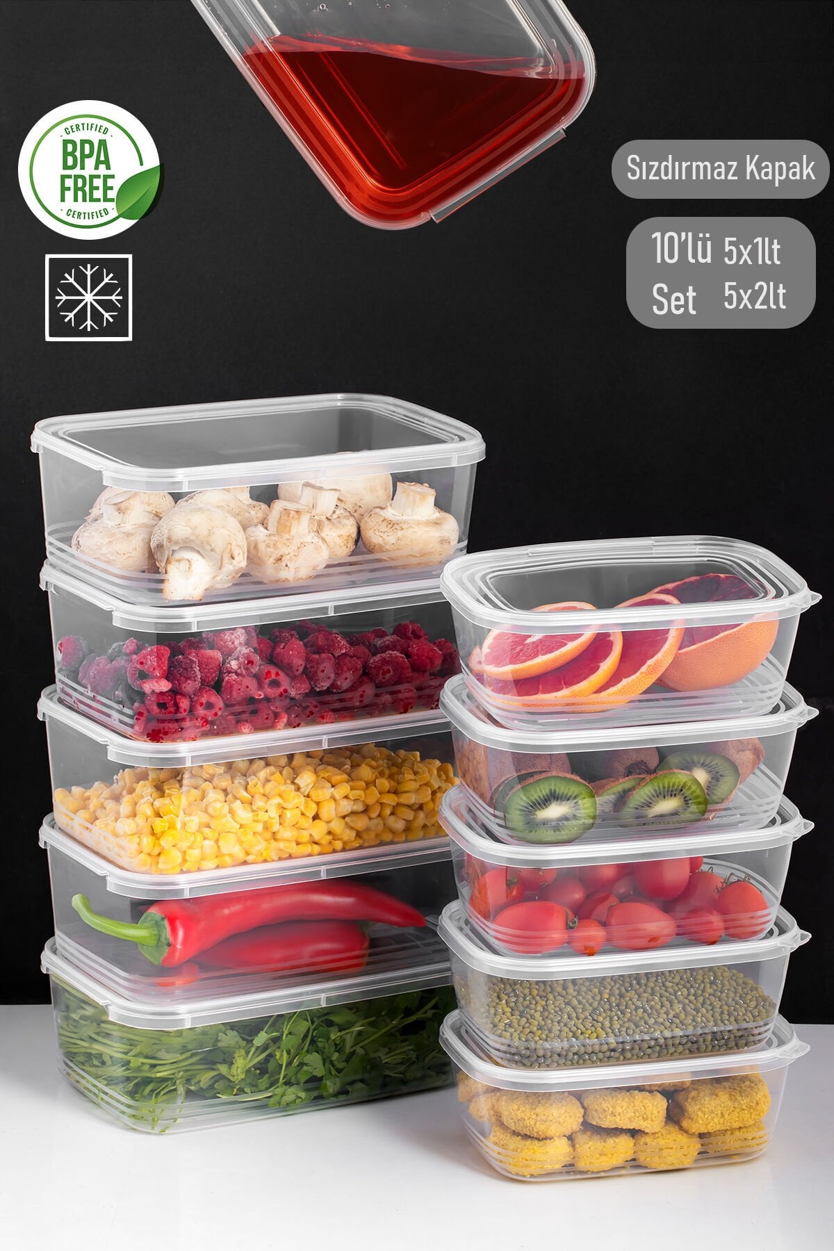 Porsima 4302 10'li Buzluk Düzenleyici Saklama Kabı Kendinden Kapaklı Derin Dondurucu Saklama Kabı 1Lt 2Lt