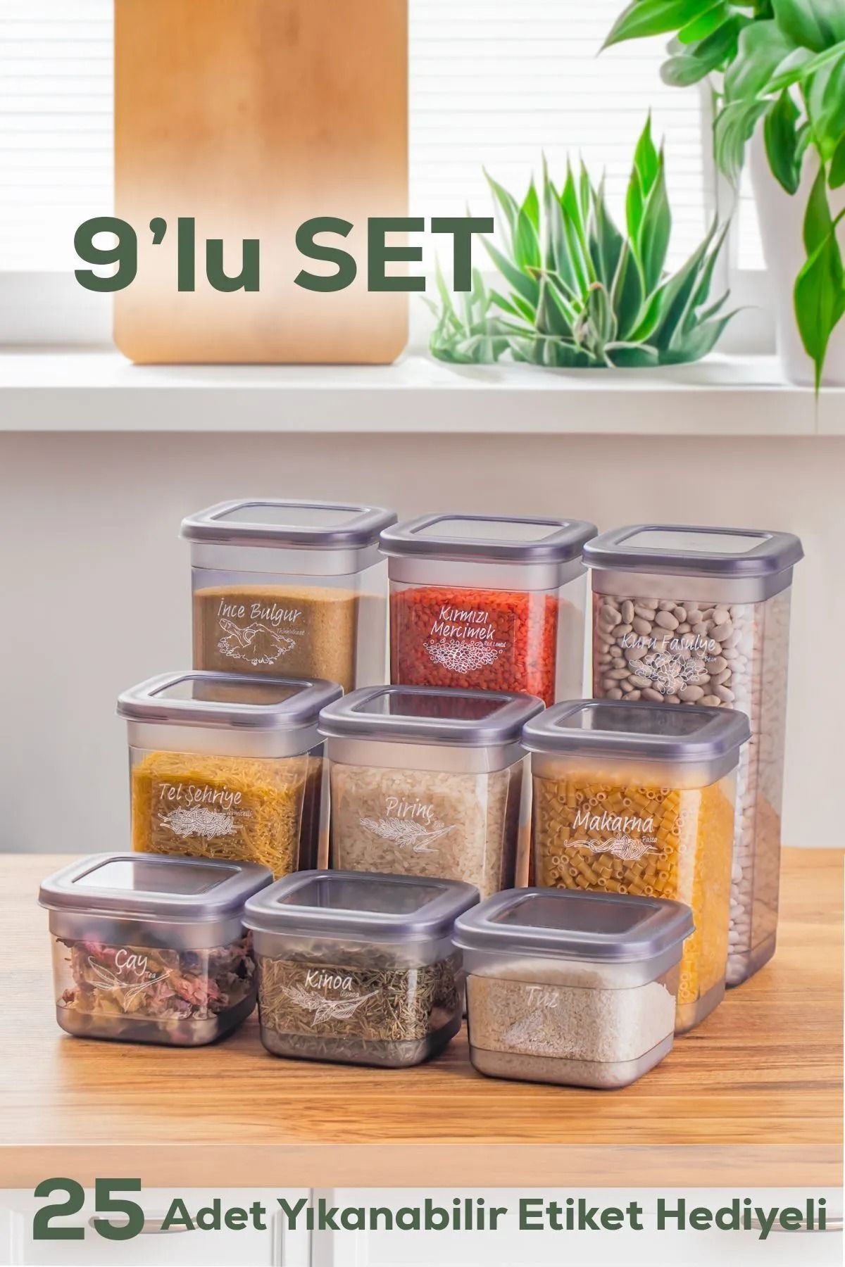 Porsima 433-GR-3 9 lu Kare Etiketli Gıda Erzak Baharat Saklama Kabı Seti 3x(0.60+1.30+1.90) Lt Gri