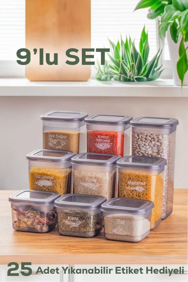 Porsima 433-GR-3 9 lu Kare Etiketli Gıda Erzak Baharat Saklama Kabı Seti 3x(0.60+1.30+1.90) Lt Gri
