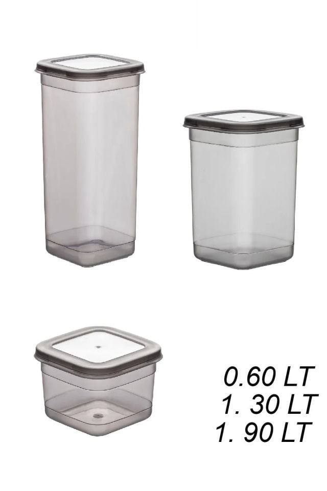 Porsima 433-GR-3 9 lu Kare Etiketli Gıda Erzak Baharat Saklama Kabı Seti 3x(0.60+1.30+1.90) Lt Gri
