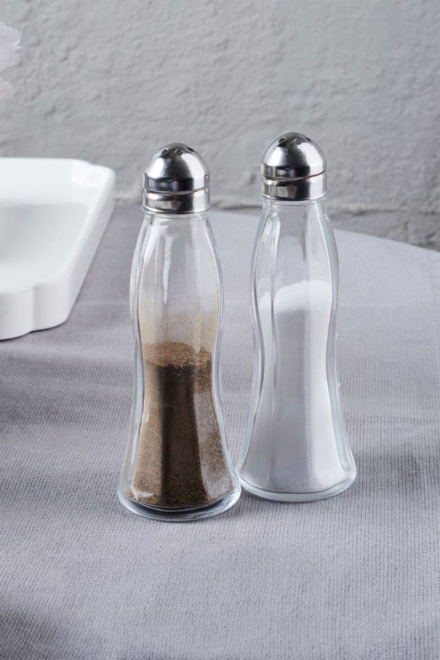 Porsima 15334 2'li Cam Gövdeli Metal Krom Kapaklı Tuzluk Biberlik - Baharatlık Karabiberlik Seti - 50 mL