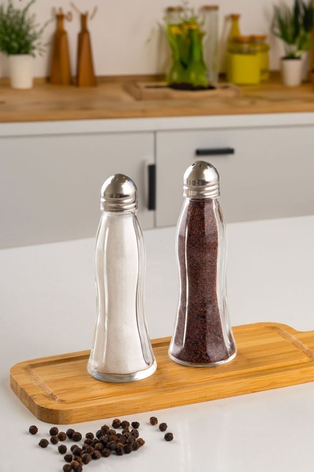 Porsima 15334 2'li Cam Gövdeli Metal Krom Kapaklı Tuzluk Biberlik - Baharatlık Karabiberlik Seti - 50 mL