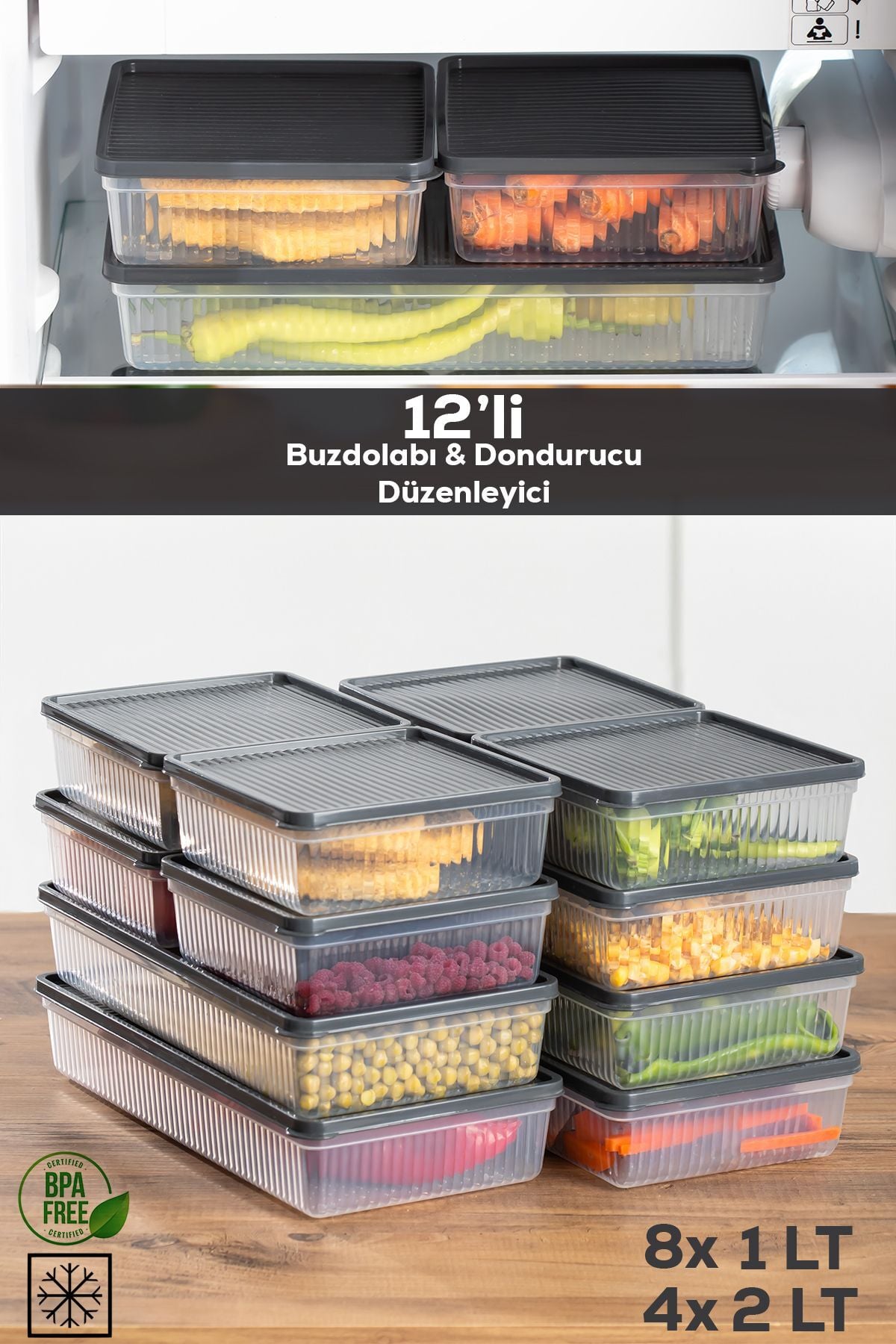 Porsima 1101-1169 12li Buzdolabı Organizer Mikrodalga Derin Dondurucu Buzluk Bakliyat Saklama Kabı-antrasit