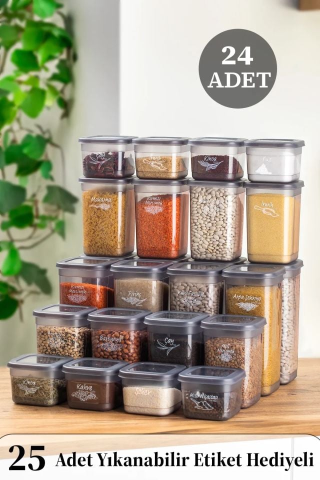 Porsima 433-Gr 24 lü Etiketli Çok Amaçlı Kare Erzak Baharat Saklama Kabı Seti 1.90 1.30 0.60 LT -Gri