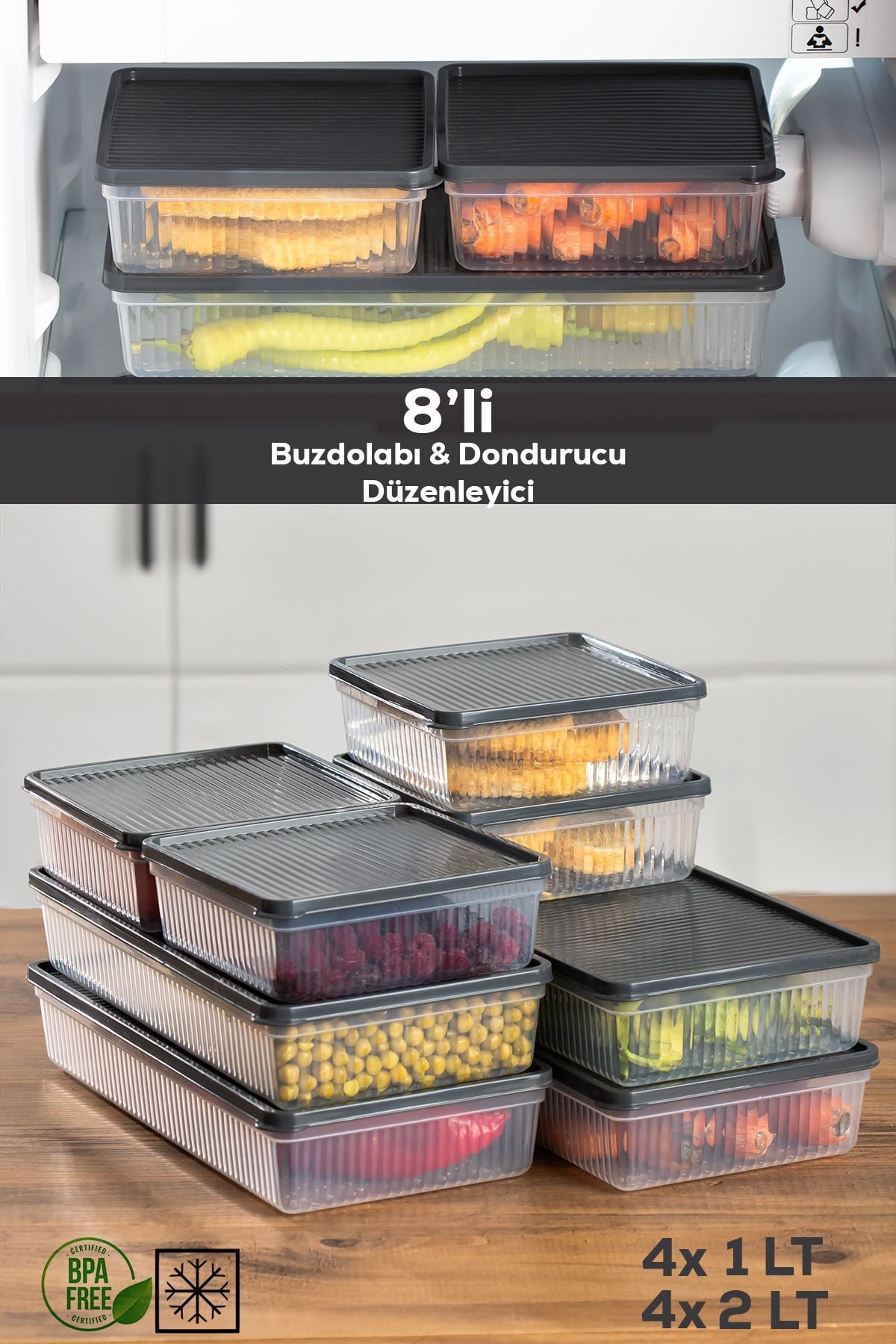 Porsima 1101-1169 8li Buzdolabı Organizer Mikrodalga Derin Dondurucu Buzluk Bakliyat Saklama Kabı-antrasit