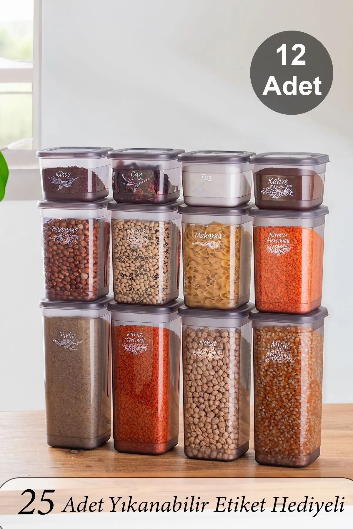 Porsima 433-Gr 12 li Etiketli Çok Amaçlı Kare Erzak Baharat Saklama Kabı Seti 1.90 1.30 0,60 LT -Gri