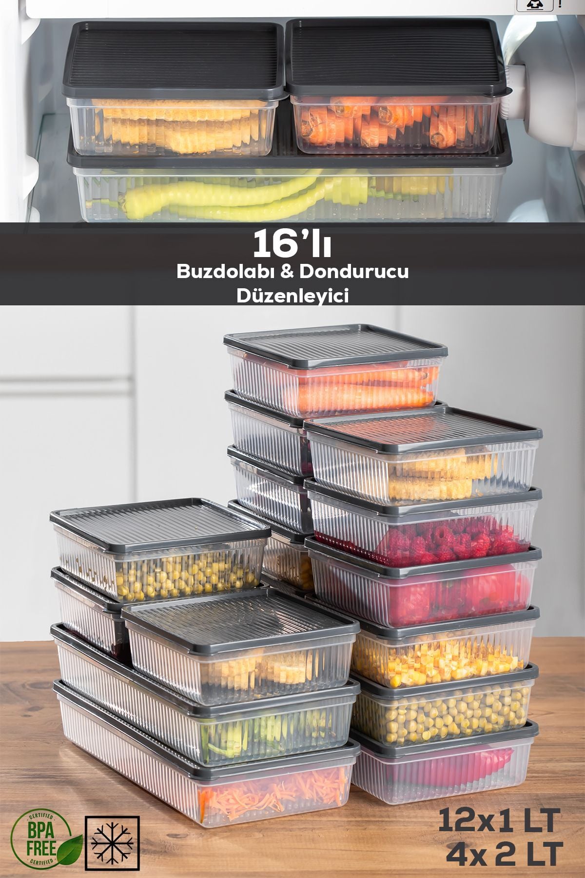 Porsima 1101-1169 16lı Buzdolabı Organizer Mikrodalga Derin Dondurucu Buzluk Bakliyat Saklama Kabı-antrasit