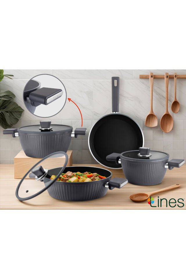 Lines L-5090 7 Parça BioSeramik Kristal Tencere Seti İndüksiyon Taban Gri