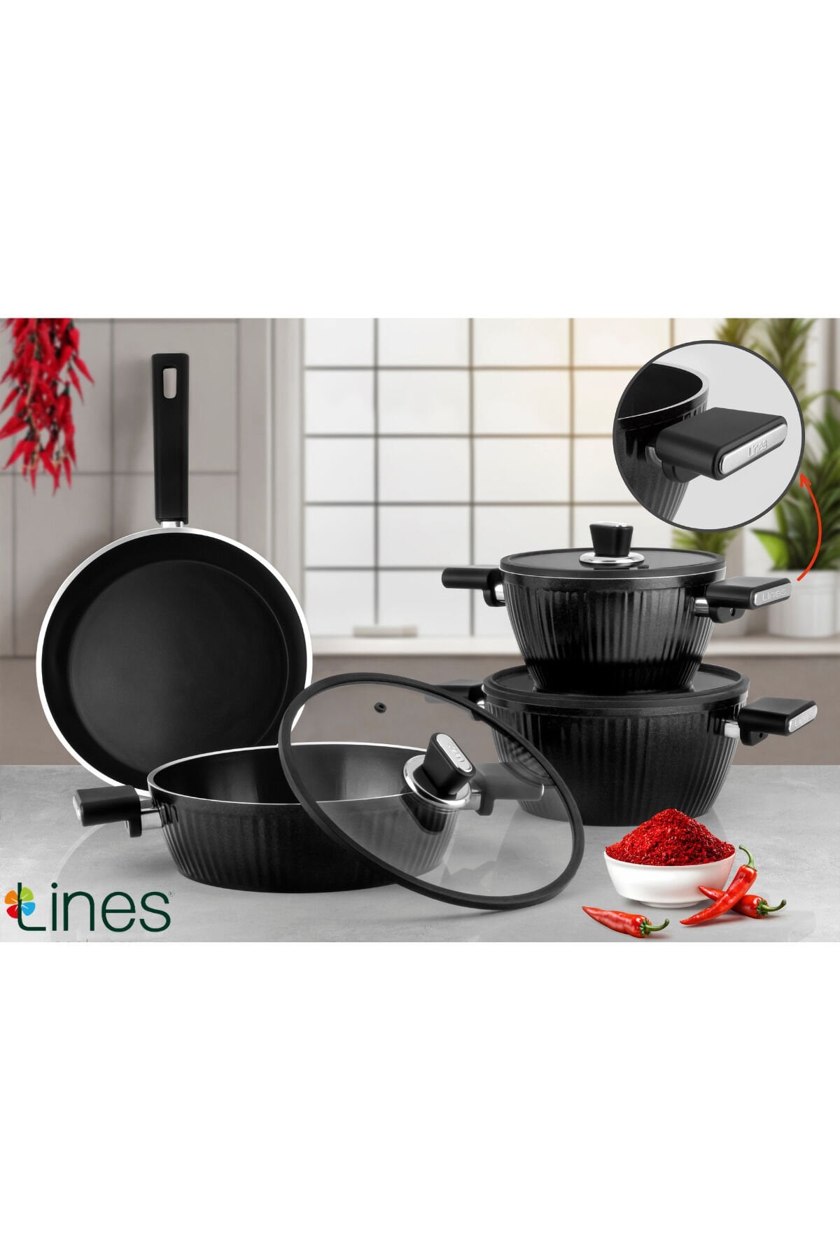 Lines L-5090 7 Parça BioSeramik Kristal Tencere Seti İndüksiyon Taban Siyah