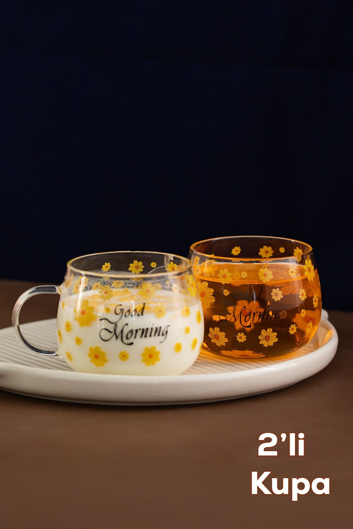 Porsima 2089 2li Borosilikat Isıya Ateşe Dayanıklı Cam Kulplu Çay Bardağı Kahve Bardak Kupa Sarı 400 ml