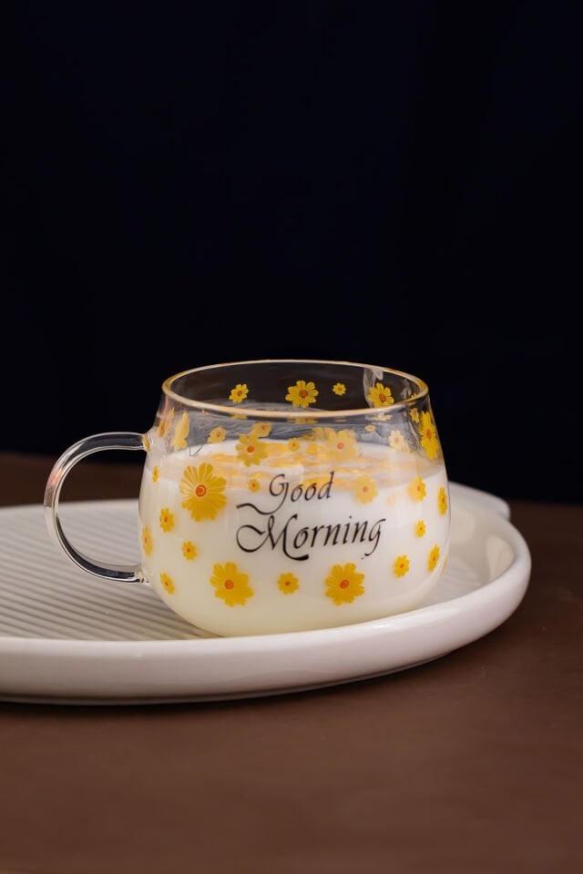 Porsima 2089 2li Borosilikat Isıya Ateşe Dayanıklı Cam Kulplu Çay Bardağı Kahve Bardak Kupa Sarı 400 ml