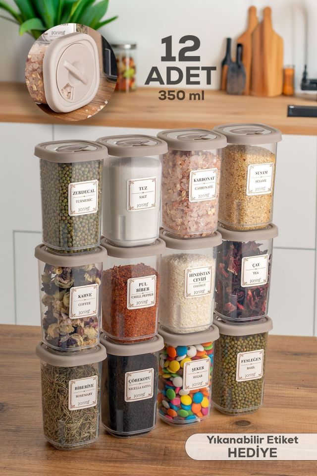 Porsima 1060 12li Kilit Kapak Etiketli Baharatlık Seti-baharatlık-saklama Kabı-350ml