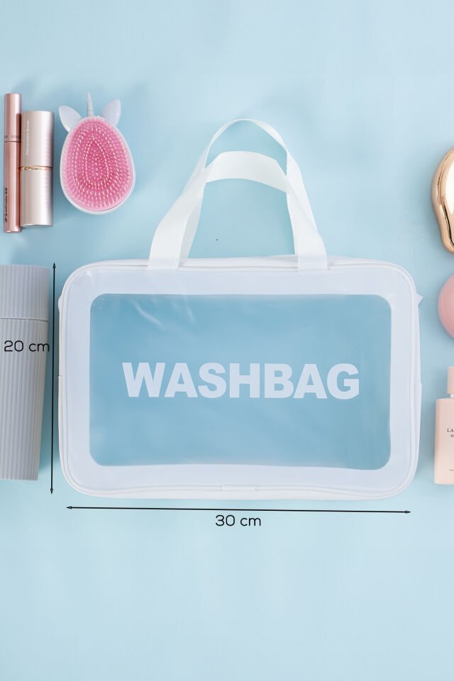 Porsima 3142-1 2li Şeffaf - Beyaz Seyahat ve Makyaj Çantası Su Geçirmez Organizer Washbag 20x30cm