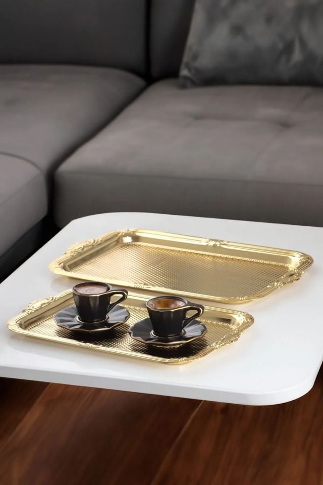 Porsima 3332 Paslanmaz 2'li Dikdörtgen Çelik Tepsi Gold -çay Kahve Servis Tepsi Seti