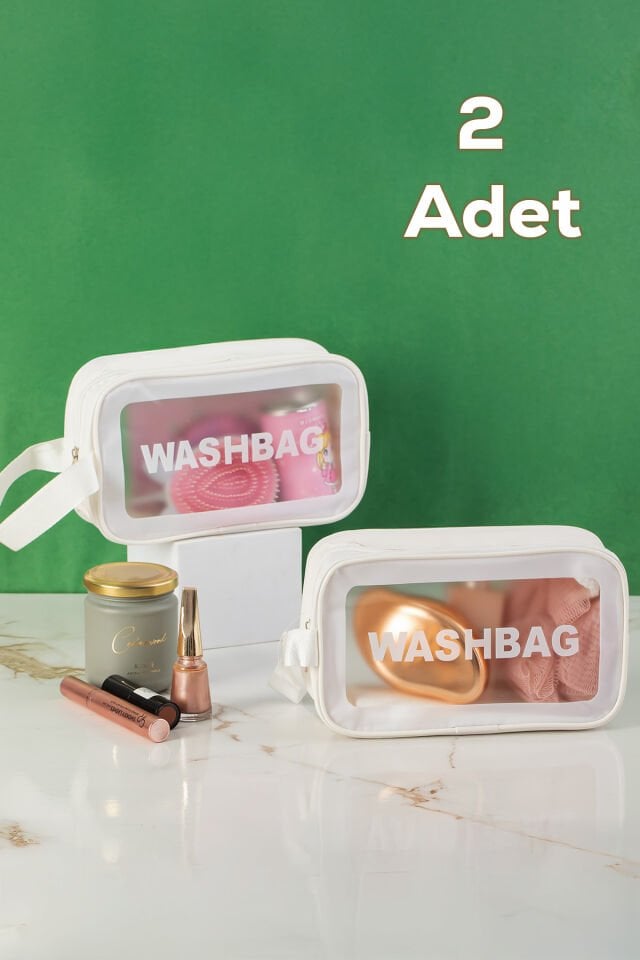 Porsima 3140-1 2li Şeffaf - Beyaz Seyahat ve Makyaj Çantası Su Geçirmez Organizer Washbag 21x13cm
