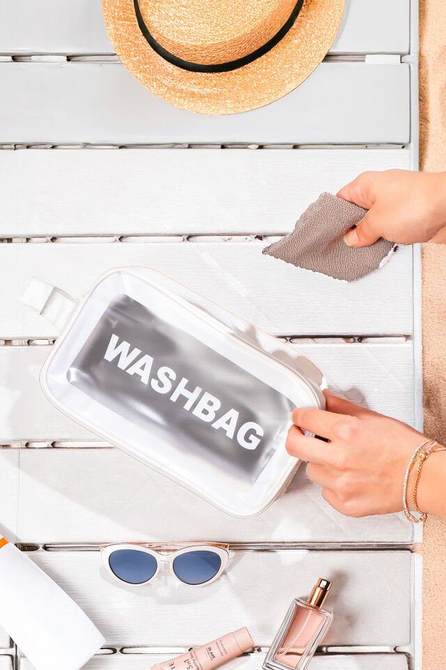 Porsima 3140-1 2li Şeffaf - Beyaz Seyahat ve Makyaj Çantası Su Geçirmez Organizer Washbag 21x13cm