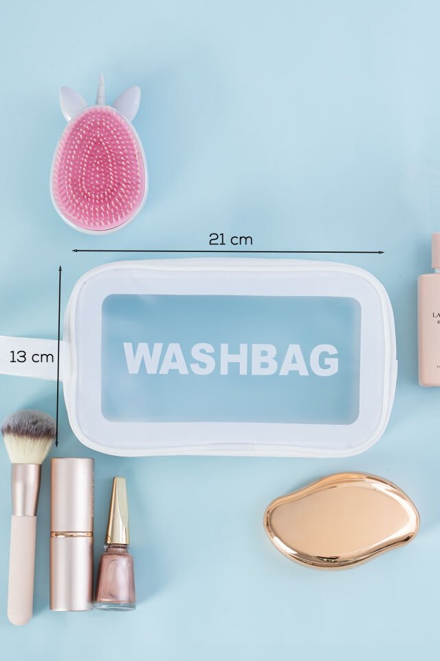 Porsima 3140-1 2li Şeffaf - Beyaz Seyahat ve Makyaj Çantası Su Geçirmez Organizer Washbag 21x13cm