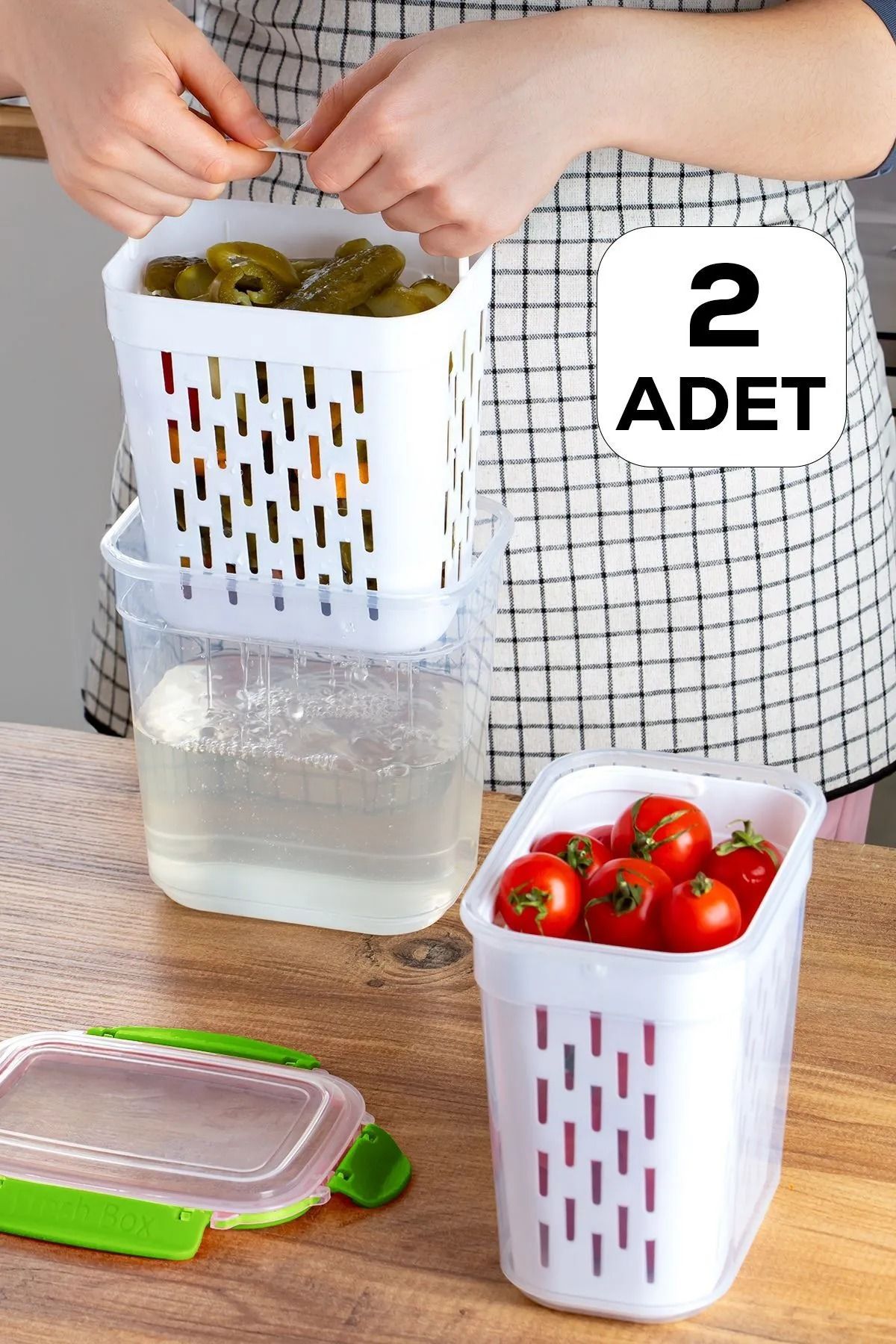 Porsima 1047 2li Kilit Kapak Süzgeçli Turşuluk Zeytinlik Çok Amaçlı Dikdörtgen Saklama Kabı 2 L-yeşil