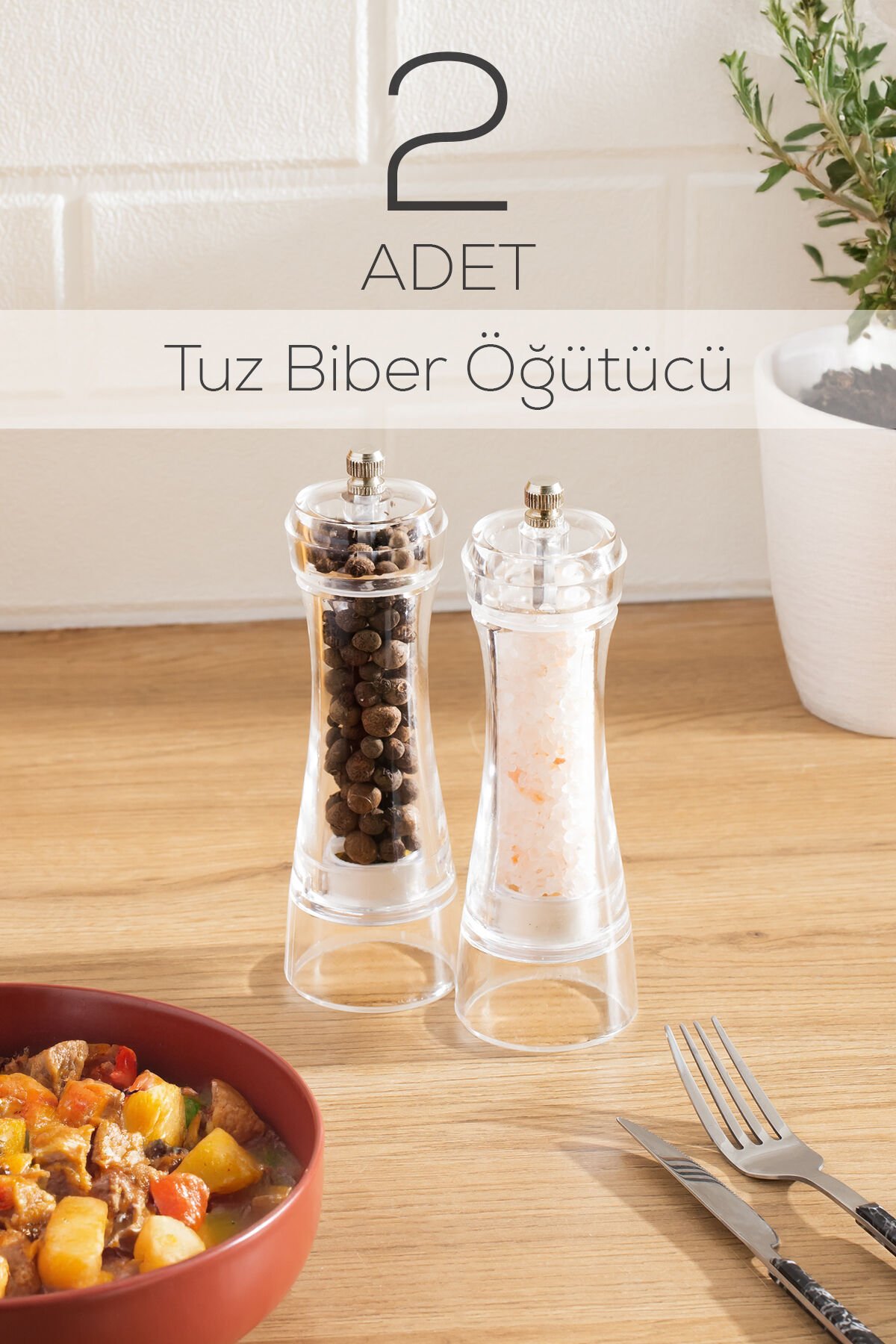 Porsima 181002 Baharat Öğütücü 2li Set Değirmen Baharat Değirmeni Tuz Karabiber Öğütücü Baharatlık Şeffaf