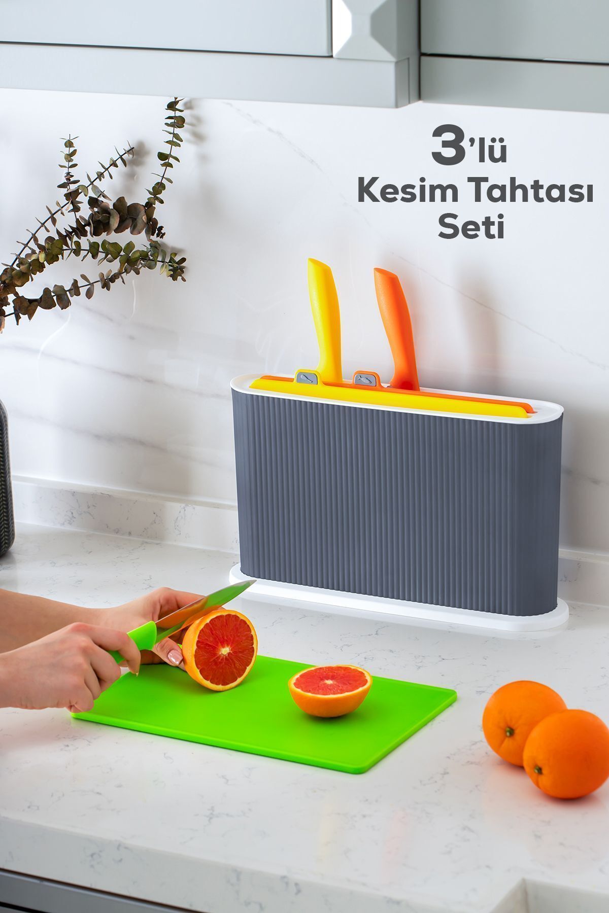 Porsima 1076 Standlı Bıçaklı Çoklu Kesme Doğrama Tahtası Seti - Standlı Kesim Panosu- Antrasit-beyaz