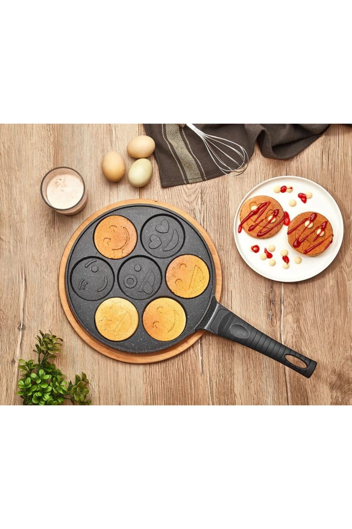 Lines Granit Pankek Emoji Smile Döküm Tava Bakalit Kulp 26 Cm - Siyah