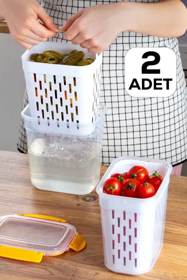 Porsima 1047 2li Kilit Kapak Süzgeçli Turşuluk Zeytinlik Çok Amaçlı Dikdörtgen Saklama Kabı 2 L-sarı
