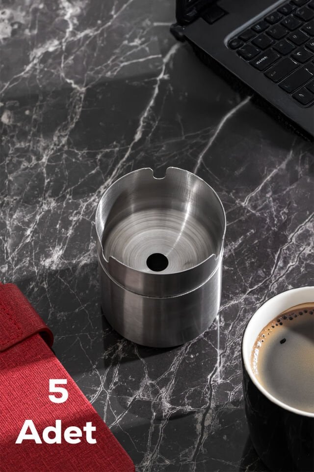 Porsima ETN-236 Large 5li Paslanmaz Çelik Metal Kül Tablası - Kapaklı Rüzgar Geçirmez Küllük