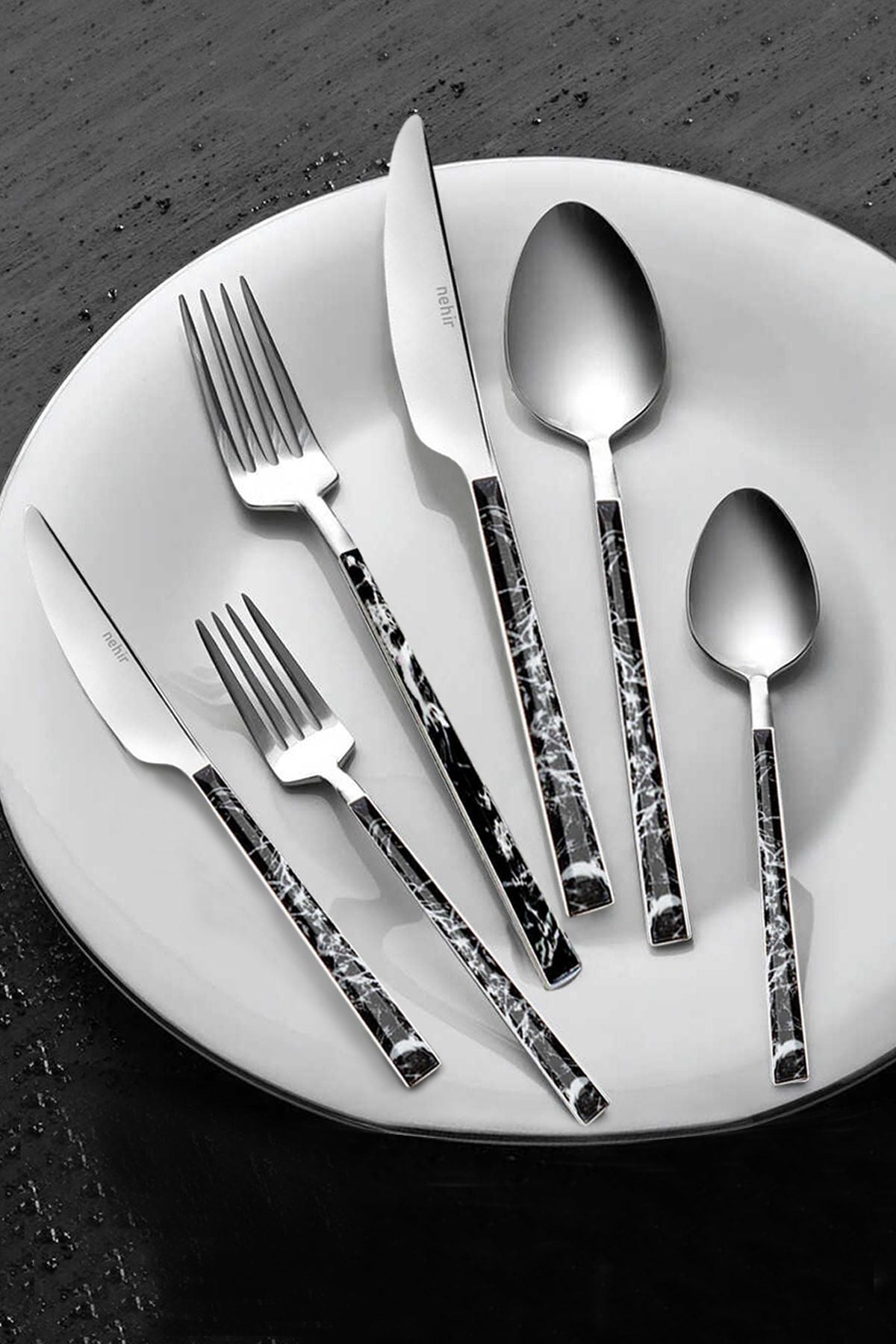 Nehir Tulıp Silver Siyah Mermer 36 Parça Çatal Bıçak Kaşık Takımı
