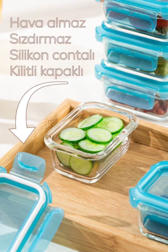 Porsima 4376 6lı Sızdırmaz Kilit Kapaklı Yiyecek Erzak Saklama Kabı Seti - Cam Saklama Kabı - 150ml Mavi